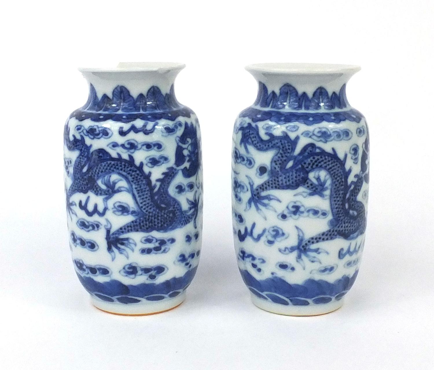 Pair of Chinese blue and white porcelain vases, both hand painted with phoenixes and dragons chasing - Image 4 of 8
