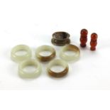 Miscellaneous Chinese objects including five pale jade rings, each ring 2.5cm in diameter