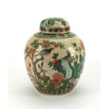 Chinese porcelain ginger jar and cover, hand painted in the famille verte palette with birds of