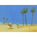 F. Varley - Figures on camel back, desert scene, watercolour, mounted and gilt framed, 35cm x 25cm