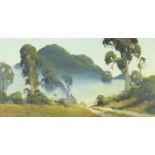 Brent Troulle - Morning in the valley New Zealand, gouache, label verso, mounted and framed, 38cm