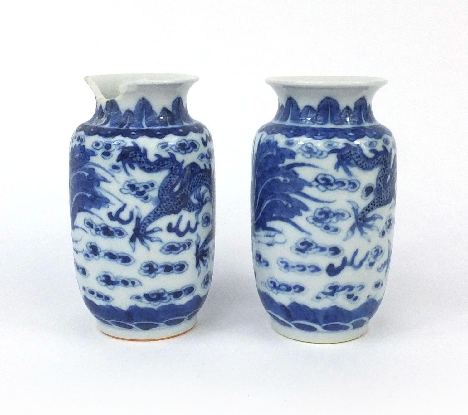 Pair of Chinese blue and white porcelain vases, both hand painted with phoenixes and dragons chasing - Image 3 of 8