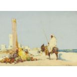 Dudley Hardly - Arabian horseman beside ruins, watercolour onto card, mounted and gilt framed,