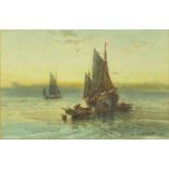 John Wilton Adcock - Fishing boats at sunset, watercolour, mounted and gilt framed, 41cm x 28cm