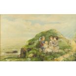 Agnes Alston - A Breezy Day, young children seated on a cliff top, watercolour, titled to the