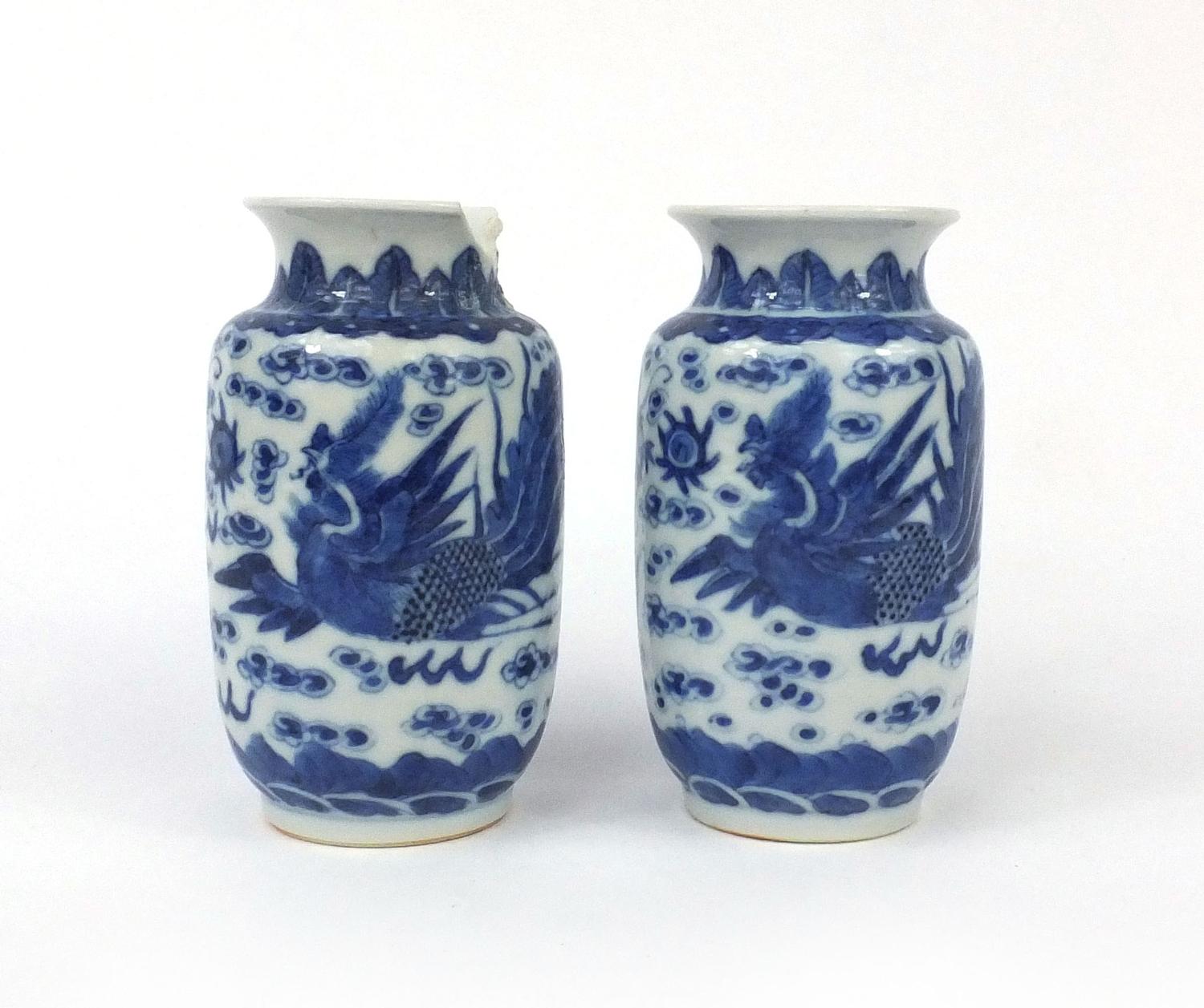 Pair of Chinese blue and white porcelain vases, both hand painted with phoenixes and dragons chasing - Image 2 of 8