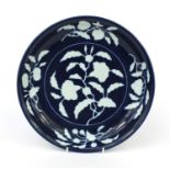 Chinese porcelain blue glazed plate, decorated with peaches, flowers and foliage, six figure