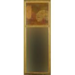 Rowley Gallery mirror with marquetry landscape panel, label verso, overall 50cm x 18.5cm