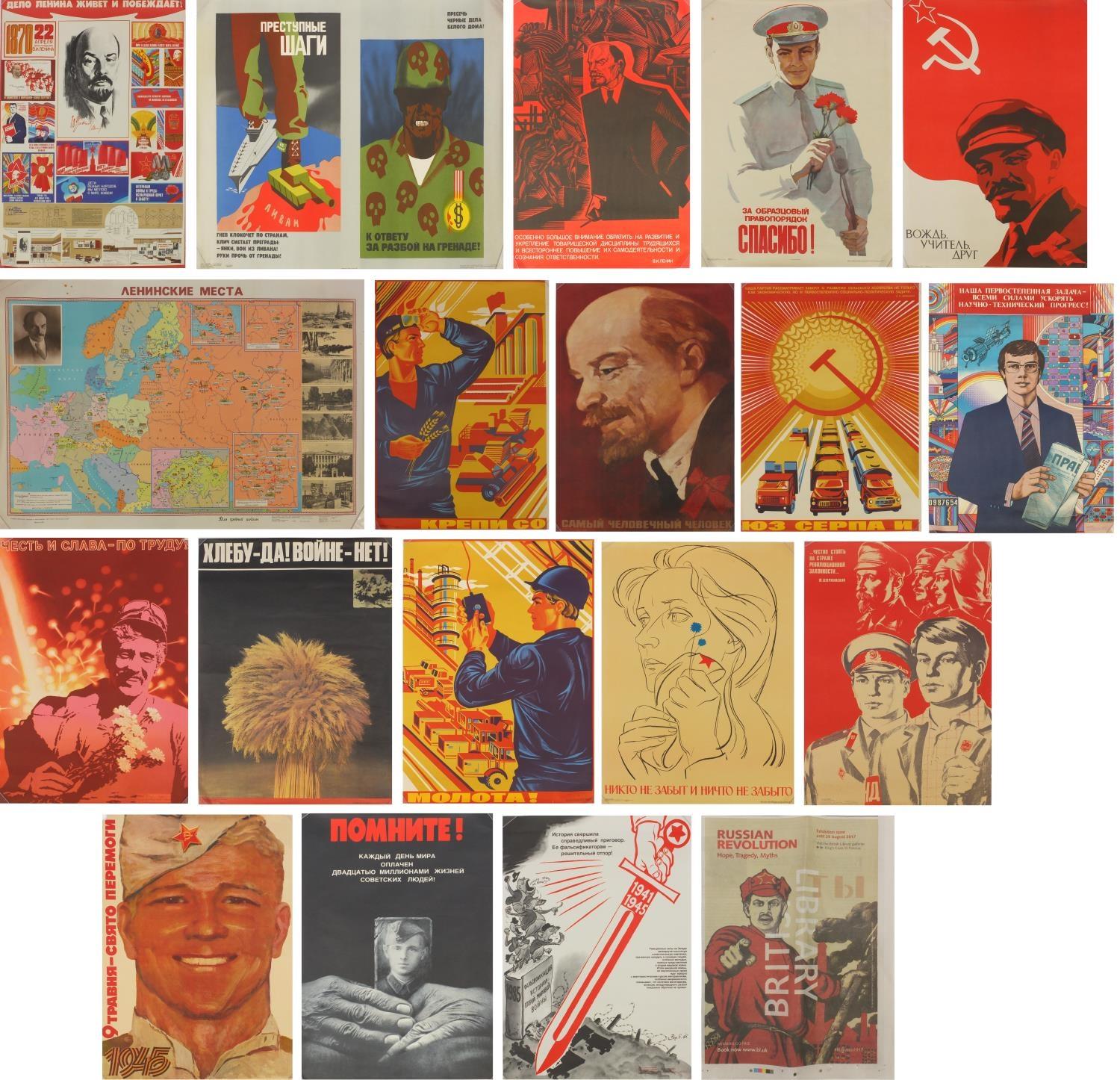 Collection of Russian propaganda posters predominantly 1980's examples, the largest 103cm x 78cm