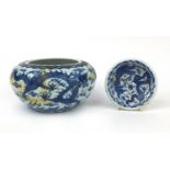 Chinese blue and white porcelain dish together with a blue and white bowl, the dish hand painted