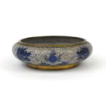 Oriental cloisonné bowl decorated with a dragons amongst a flaming pearl and clouds, 20cm in