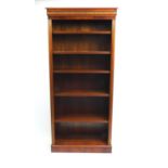 Mahogany tall book case with five adjustable shelves, 199c high x 90cm wide x 32cm deep