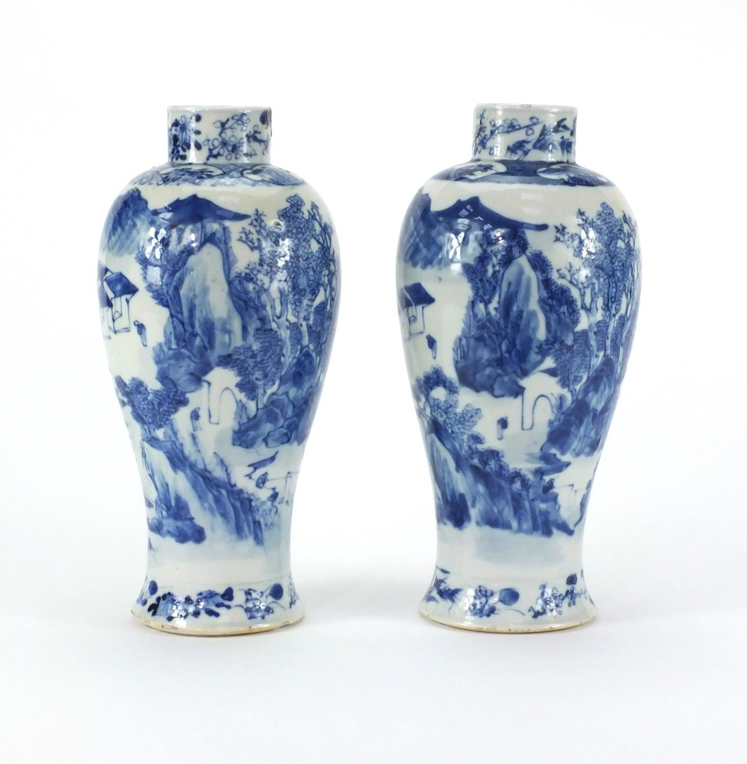 Pair of Chinese blue and white baluster vases, both hand painted with figures and a river landscape, - Image 3 of 9