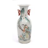 Large Chinese porcelain vase with iron red twin handles, hand painted in the famille rose palette