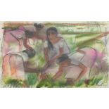 Senaka Senanayake 2001 - Rice pickers, pastel and watercolour, mounted and framed, (PROVENANCE: