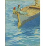 Watercolour onto card, three figures in a boat, bearing a signature P Sala, mounted and framed, 23cm