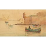 Joseph Galea - Watercolour onto card, continental coastal scene, mounted and framed, 21cm x 12cm