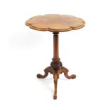 Victorian bur walnut occasional table with flower shaped top, 72cm high