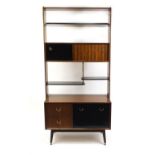 Vintage G-plan E Gomme shelving unit fitted with various shelves, drawers and sliding doors, 191cm