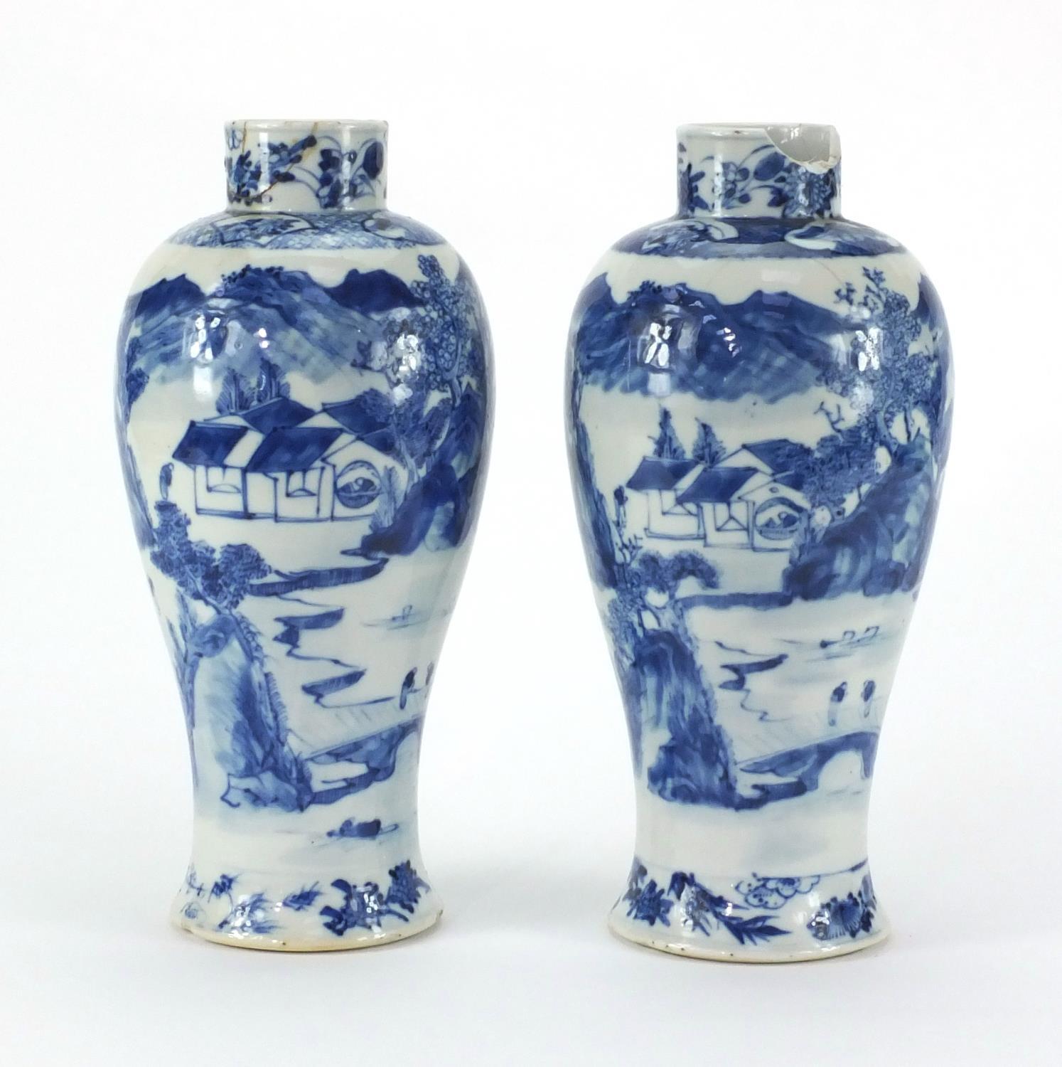 Pair of Chinese blue and white baluster vases, both hand painted with figures and a river landscape,