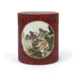 Chinese porcelain Sang De Boeuf glazed brush pot, of naturalist form, with two hand painted