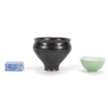 Chinese ceramics including a pottery bowl, celadon glaze bowl and blue and white rectangular box and