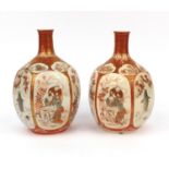 Pair of Japanese Kutani porcelain vases, each with hexagonal bodies, both hand painted with panels