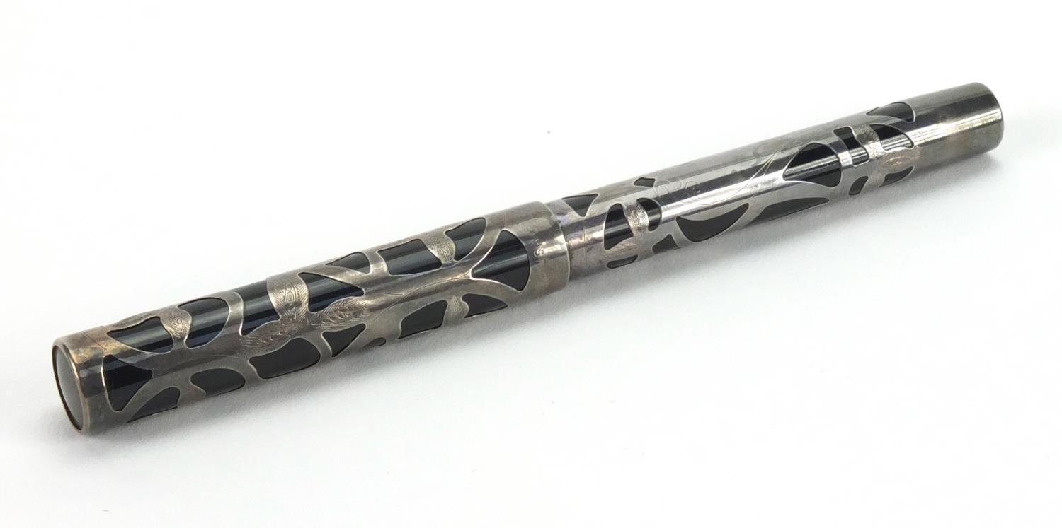 Sheaffer black fountain pen with floral sterling silver overlay and 18k gold nib