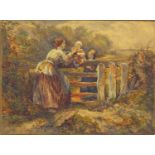 Victorian watercolour onto card, mother crossing the fence with her children, bearing a monogram BF,