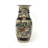 Chinese crackle glazed vase with animalia handles, hand painted in the famille verte palette with