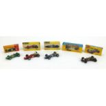 Five Dinky and Corgi die cast racing vehicles all boxed, comprising a Ferrari F1 1422, Matra F1