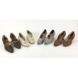 Four pairs of 1920's shoes including a pair of quilted bedroom slippers