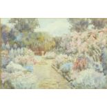 E Bass Smith - Bench amongst gardens, watercolour onto card, gallery label verso, mounted and gilt