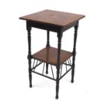 Liberty inlaid mahogany two tier occasional table on turned legs, 69cm high x 42cm wide x 42cm deep