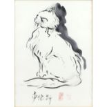 Chinese school watercolour and ink, seated cat, character marks and red seal marks, mounted and
