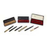 Vintage fountain and ballpoint pens including Parker and a marbleised Valentine example with gold