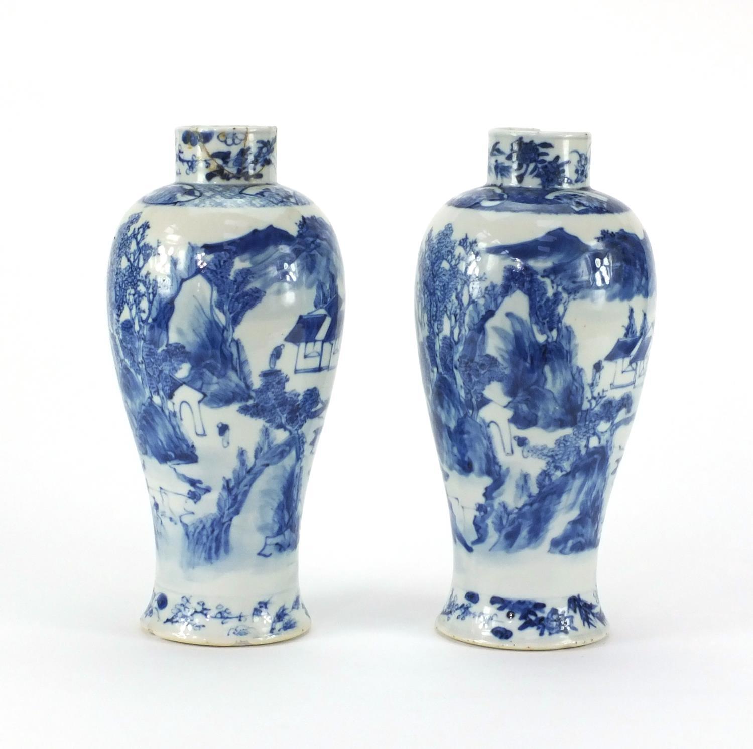 Pair of Chinese blue and white baluster vases, both hand painted with figures and a river landscape, - Image 4 of 9