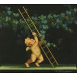 Vicenzo Bisogno - Putti at work, watercolour, label and inscribed verso, mounted and framed, 16cm