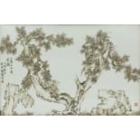 Chinese porcelain panel hand painted with a tree, with script and red seal marks, housed in a