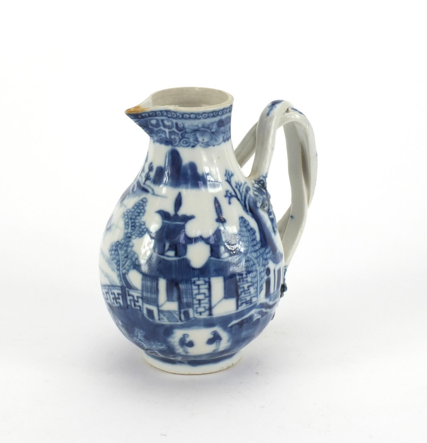 18th century Chinese blue and white porcelain sparrow beak jug, hand painted with willow pattern