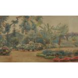 E Ferre - Seated female in gardens, watercolour, mounted and gilt framed, 42cm x 28cm excluding