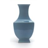 Large Chinese porcelain blue glazed flat sided vase, character marks to the base, 46cm high