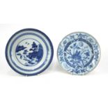 Two Chinese porcelain dishes, one hand painted with a river landscape the other with flowers and