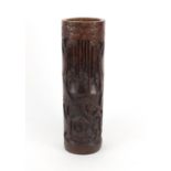 Large Chinese bamboo cylindrical vase carved with figures and trees, 38.5cm high