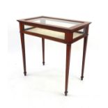 Edwardian inlaid mahogany table top display cabinet on tapering legs, 77cm high x 74cm wide x 45cm