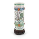 Chinese porcelain cylindrical vase, hand painted in the famille rose palette with birds of