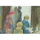 Pastel and watercolour, shopping at market, bearing a monogram JE, inscribed Eastern Gallery label