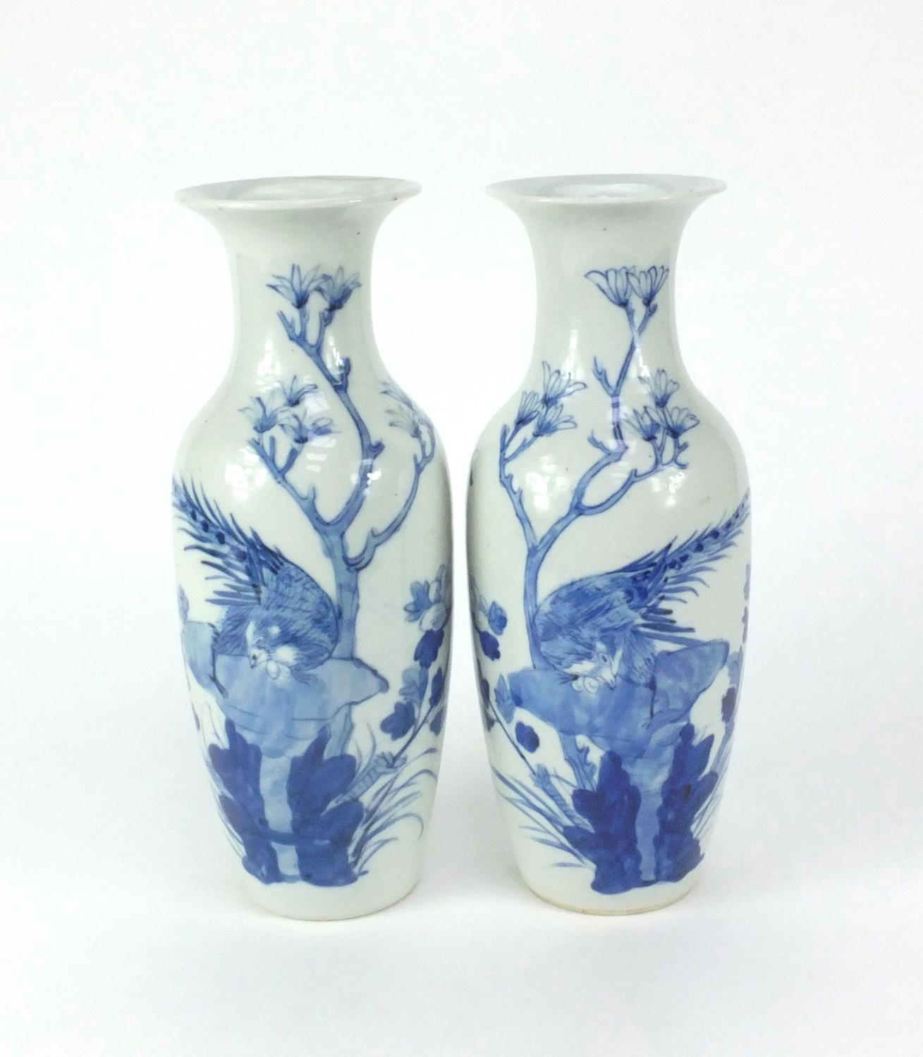 Pair of Chinese blue and white porcelain baluster shaped vases, both hand painted with birds and