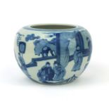 Chinese blue and white porcelain bowl, hand painted with continuous band of figures in a court