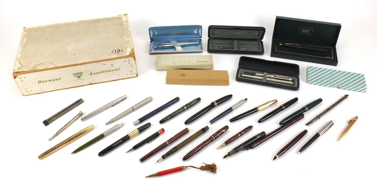 Fountain pens, ball point pens and propelling pencils including a silver coloured metal dip pen,